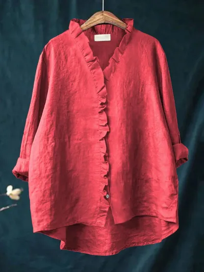 Women's Elegant Cotton and Linen Ruffle Shirt