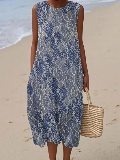 Women's Vintage Abstract Geometric Art Print Sleeveless Cotton Pocket Wrap Dress-Series4