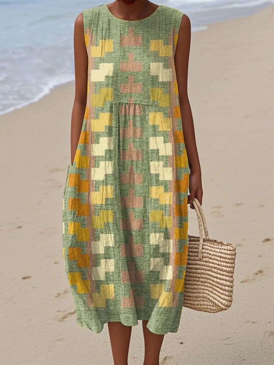 Women's Vintage Abstract Geometric Art Print Sleeveless Cotton Pocket Wrap Dress-Series4