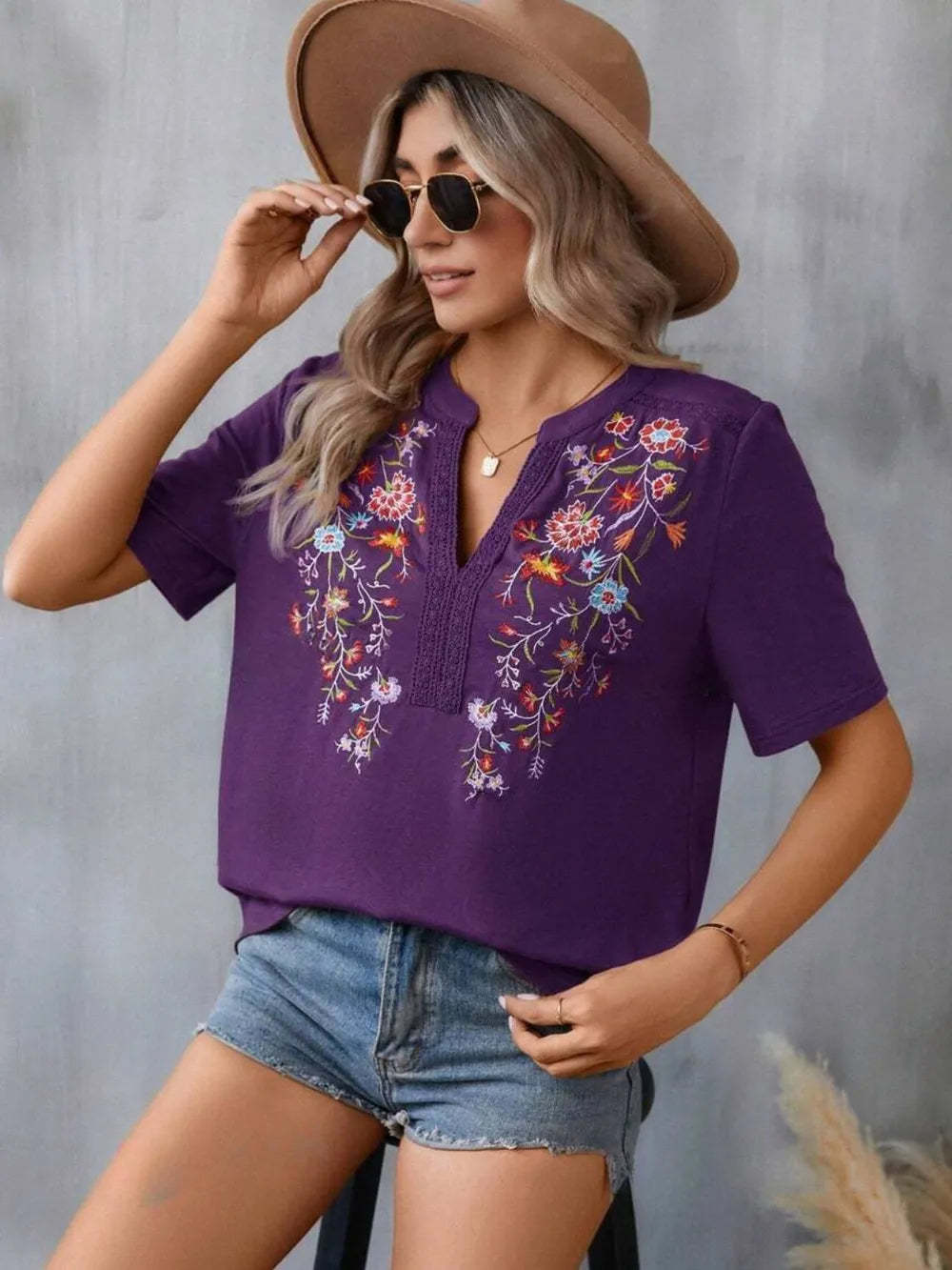 Hazel Blues® |  Embroidered Notched Short Sleeve T-Shirt