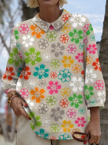 Women's Vintage Flower Art Print Casual Cotton And Linen 3/4 Sleeve Shirt