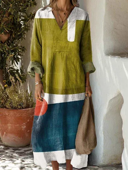 Women's Cotton linen Abstract Geometric Pattern Art Print Dress