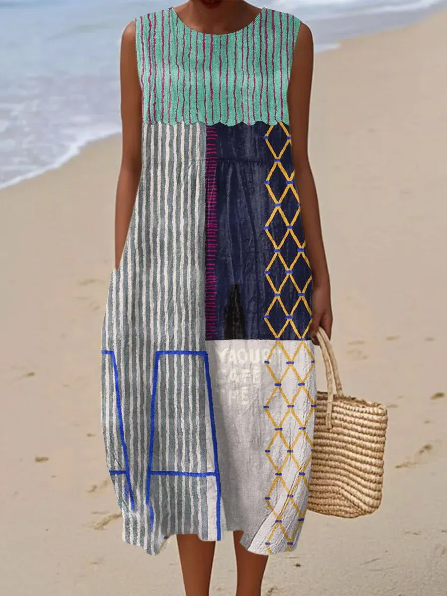 Women's Vintage Abstract Geometric Art Print Sleeveless Cotton Pocket Wrap Dress