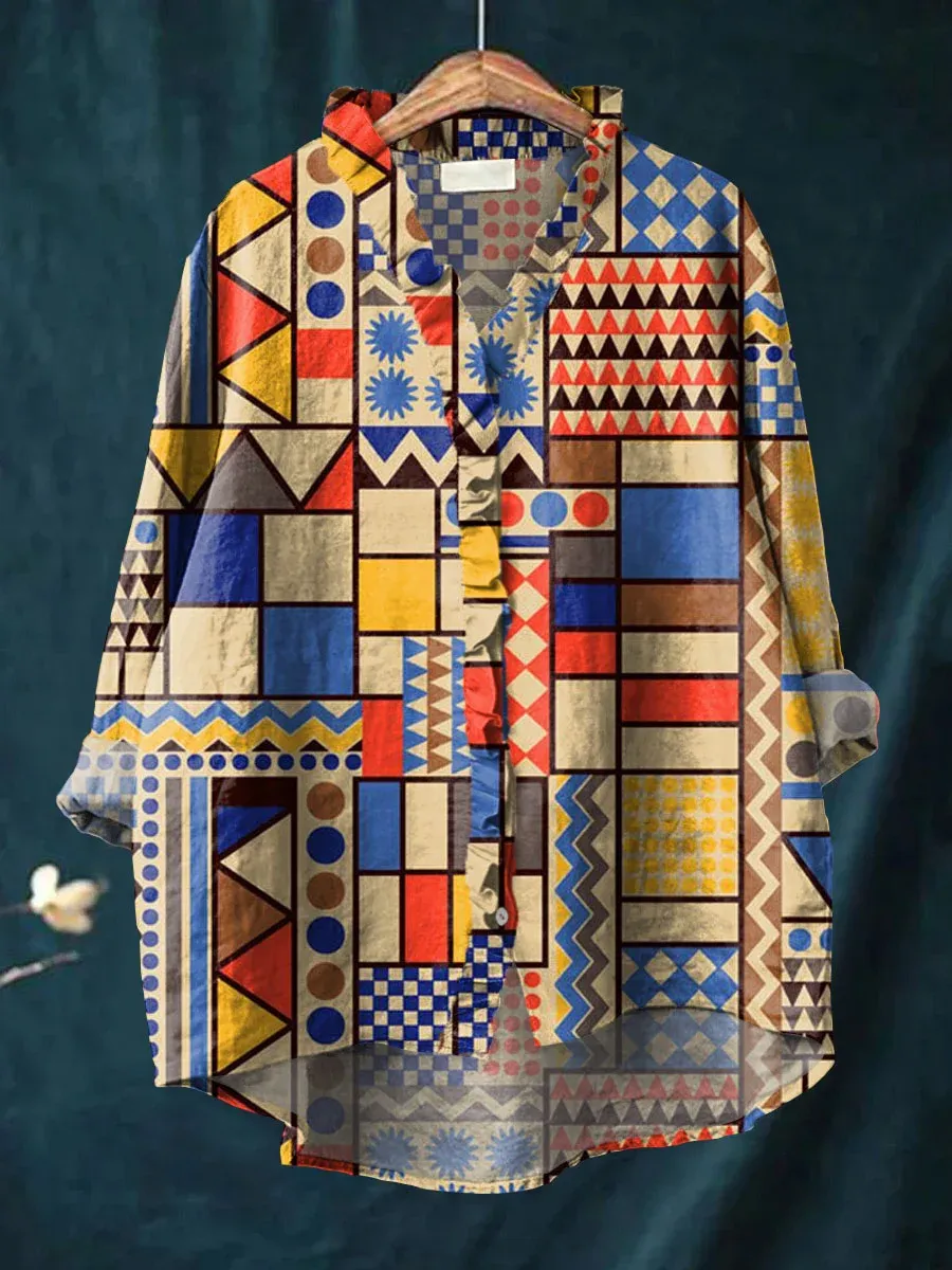 Women's Vintage Floral Art Print Casual Cotton And Linen Ruffle Shirt