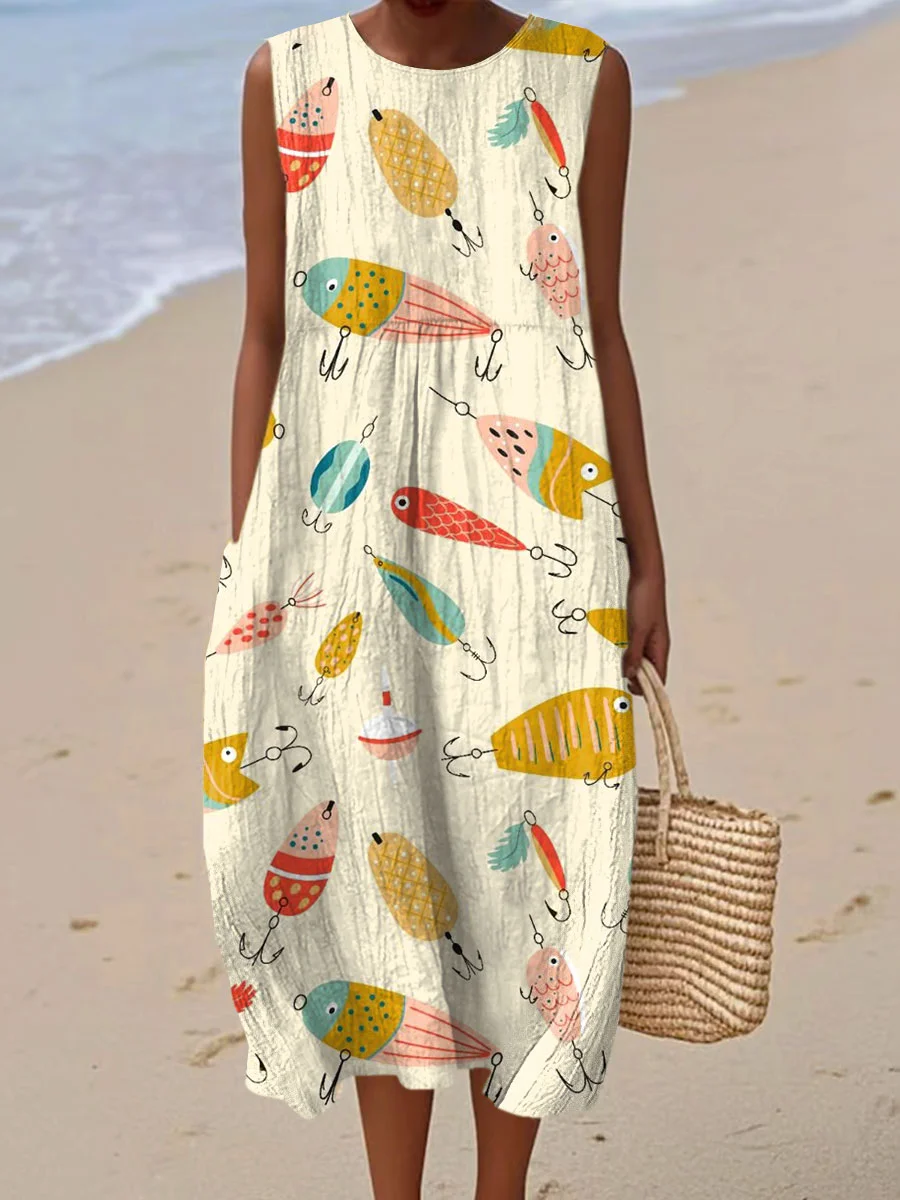 Women's Vintage Abstract Geometric Art Print Sleeveless Cotton Pocket Wrap Dress