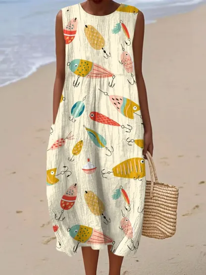 Women's Vintage Abstract Geometric Art Print Sleeveless Cotton Pocket Wrap Dress