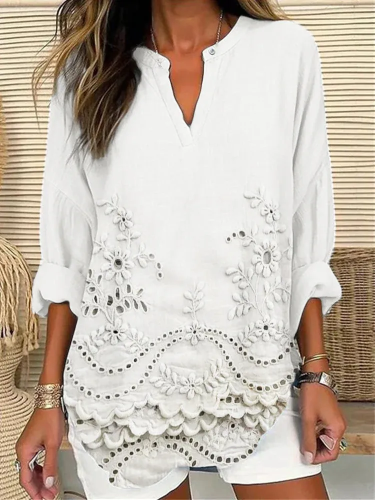 Floral Lace Embroidered Linen Blend Cozy Shirt