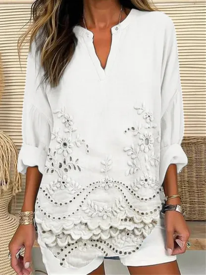 Floral Lace Embroidered Linen Blend Cozy Shirt