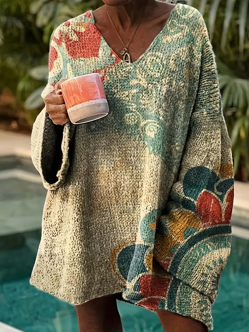 Women's Elegant Vintage Floral Knitted Pullover Loose Top