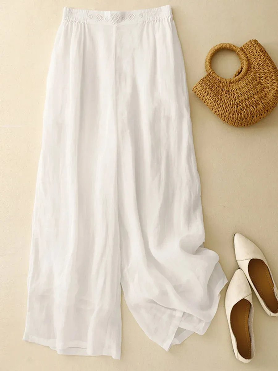 Women's Solid Color Elastic Waist Loose Casual Cotton and Linen Wide Leg Pants