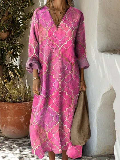 [Copy]Women's Cotton Vintage Abstract Geometric Art Print Dress