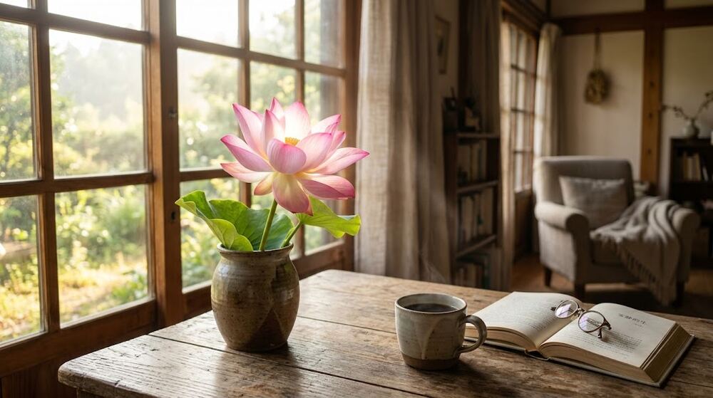 A blooming pink lotus in a ceramic vase beside coffee and a book on a wooden table