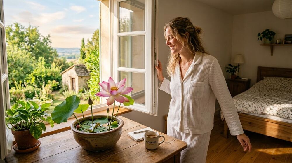 A woman in pajamas opening a window in the morning, looking at a potted lotus on the table