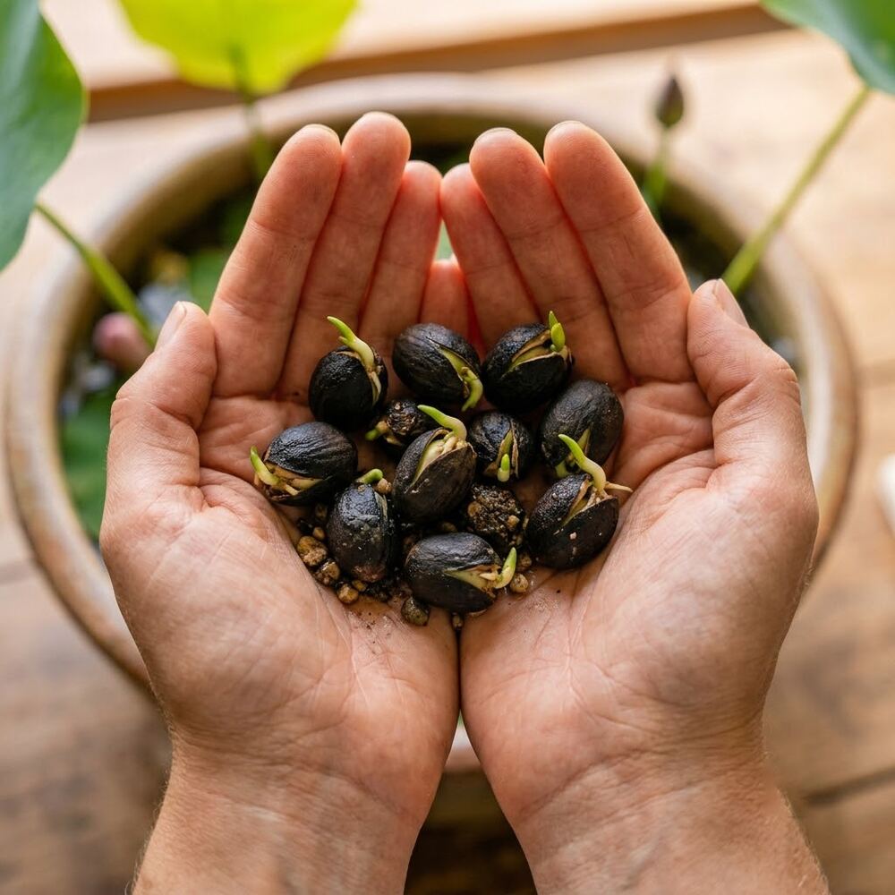 Two cupped hands holding sprouted lotus seeds over a potted plant