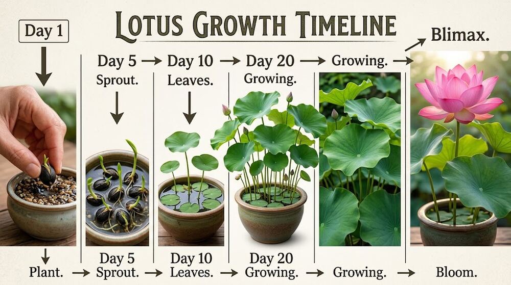 Lotus growth timeline from planted seed on day 1 to full bloom by day 20