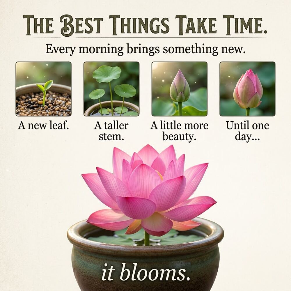 Sequence from sprout to bud to full lotus bloom in a ceramic pot