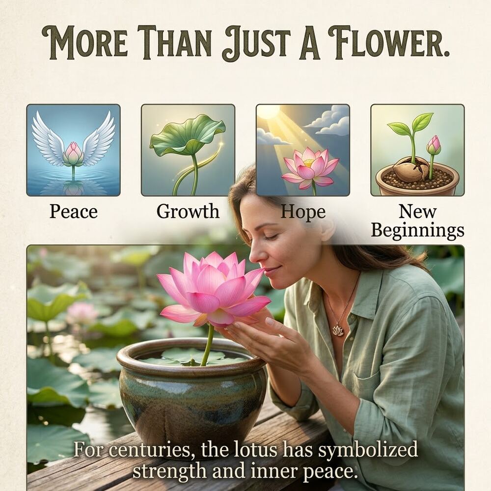A woman gently smelling a blooming pink lotus flower in a pond
