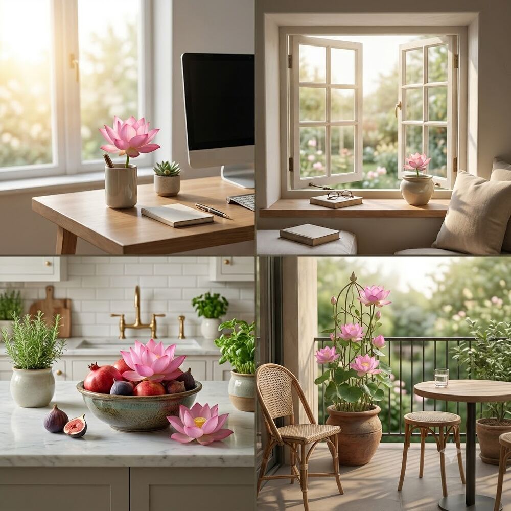 Lotus flowers displayed on a desk, windowsill, kitchen counter, and balcony