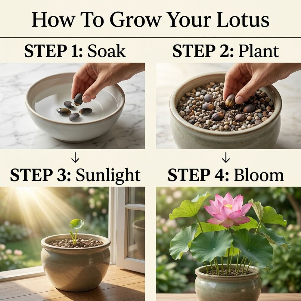 Four steps to grow a lotus: soak the seeds, plant them, give them sunlight, and watch them bloom