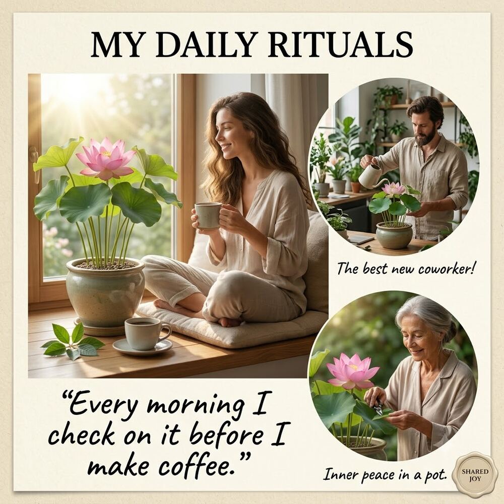Collage of real people caring for their lotus plants at home