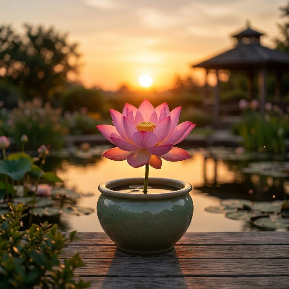 A blooming lotus in a pot at sunset beside a lily pond