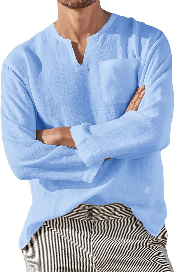 Men's Casual Long Sleeve V-neck Loose Linen Shirt