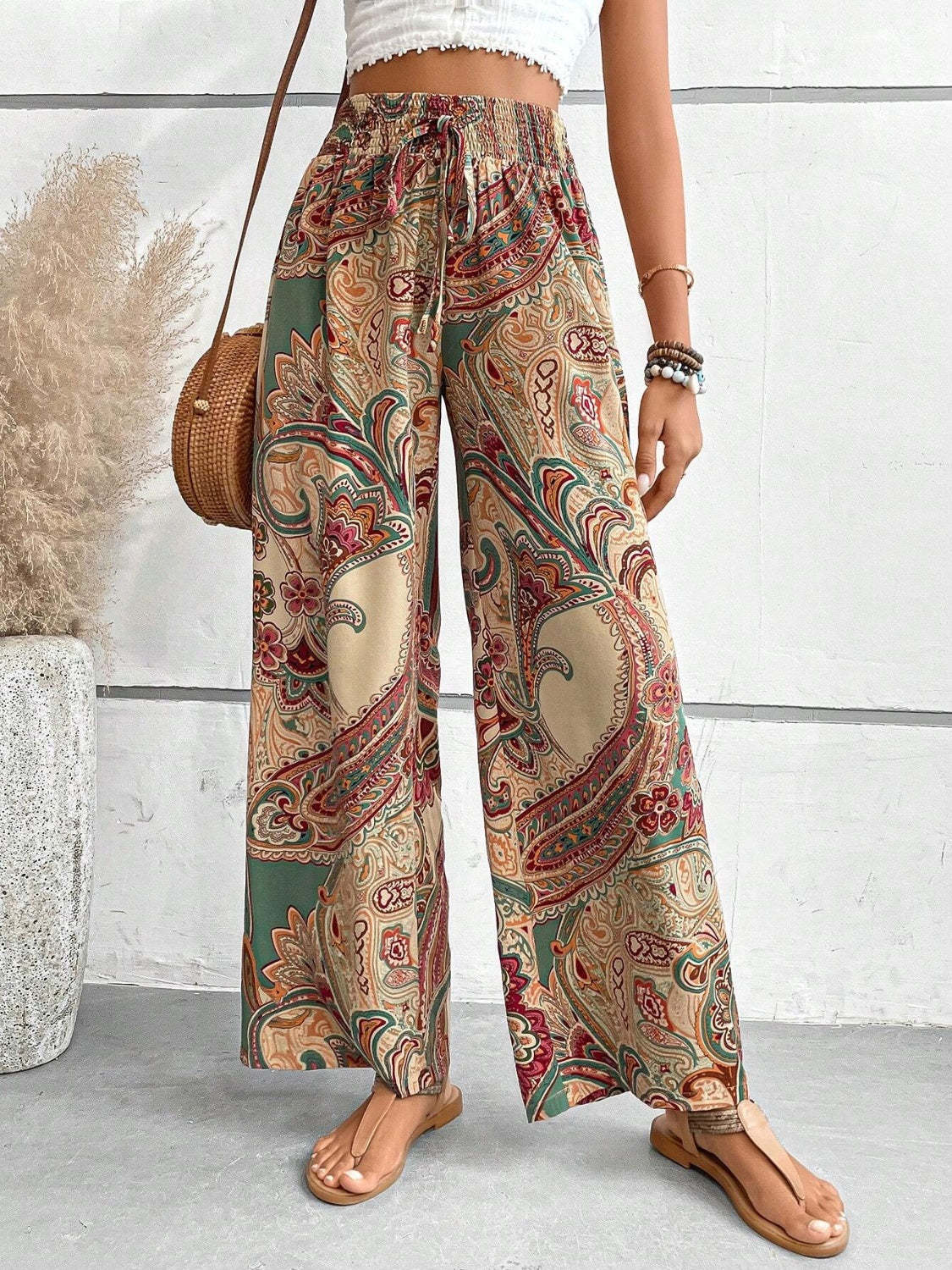 Vintage Print Wide-Leg Pants for Women - Casual Spring/Summer Style