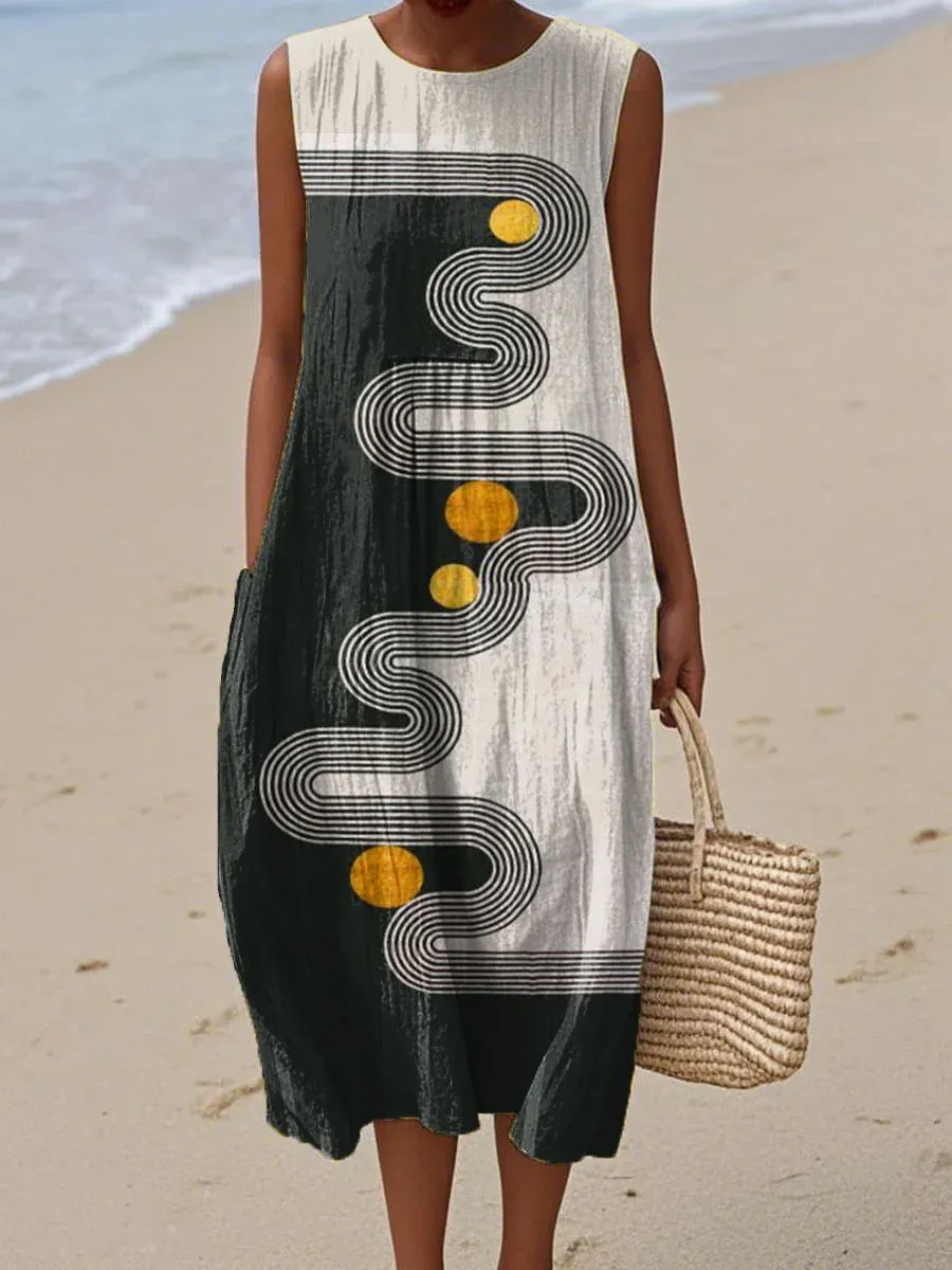 Women's Vintage Abstract Geometric Art Print Sleeveless Cotton Pocket Wrap Dress-Series3