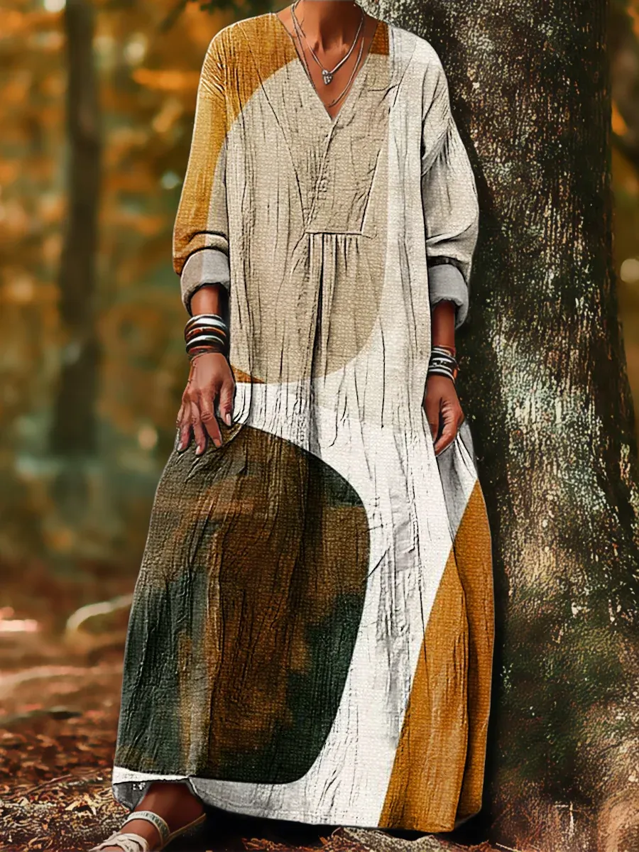 Women's Cotton Vintage Abstract Geometric Art Print Dress
