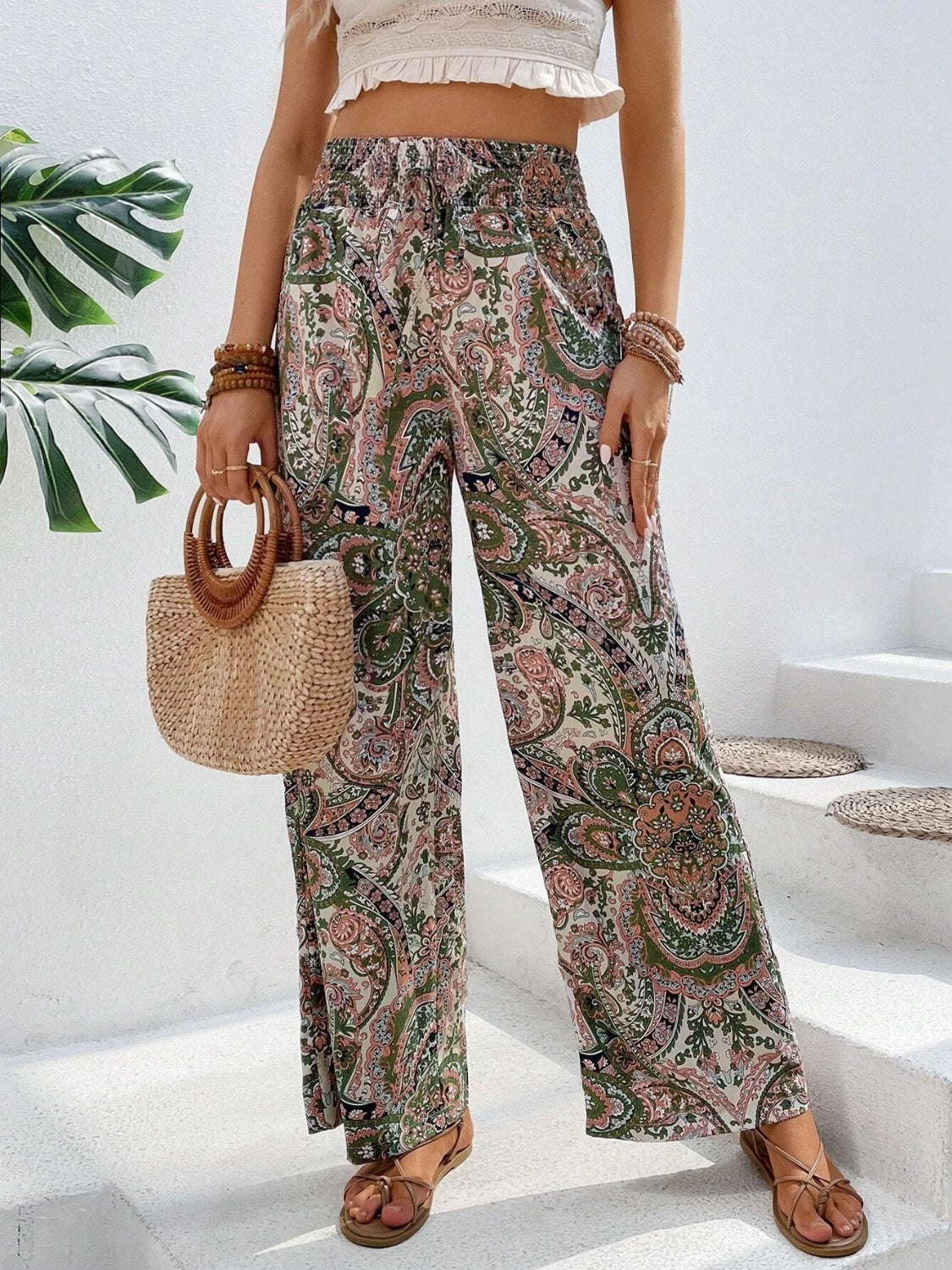 Vintage Print Wide-Leg Pants for Women - Casual Spring/Summer Style