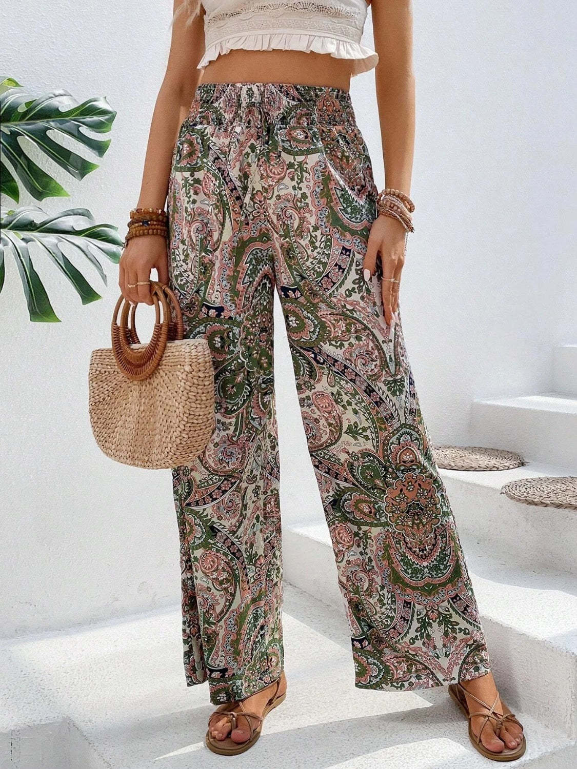 Vintage Print Wide-Leg Pants for Women - Casual Spring/Summer Style