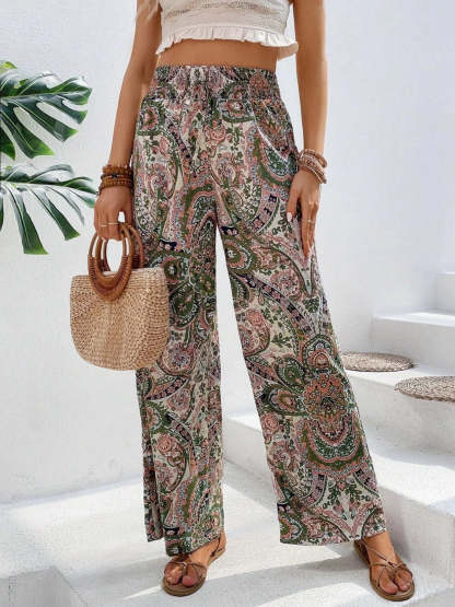Vintage Print Wide-Leg Pants for Women - Casual Spring/Summer Style