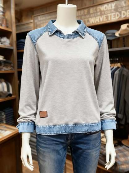 Women'S Casual Lapel Denim Stitching Pullover Sweatshirt
