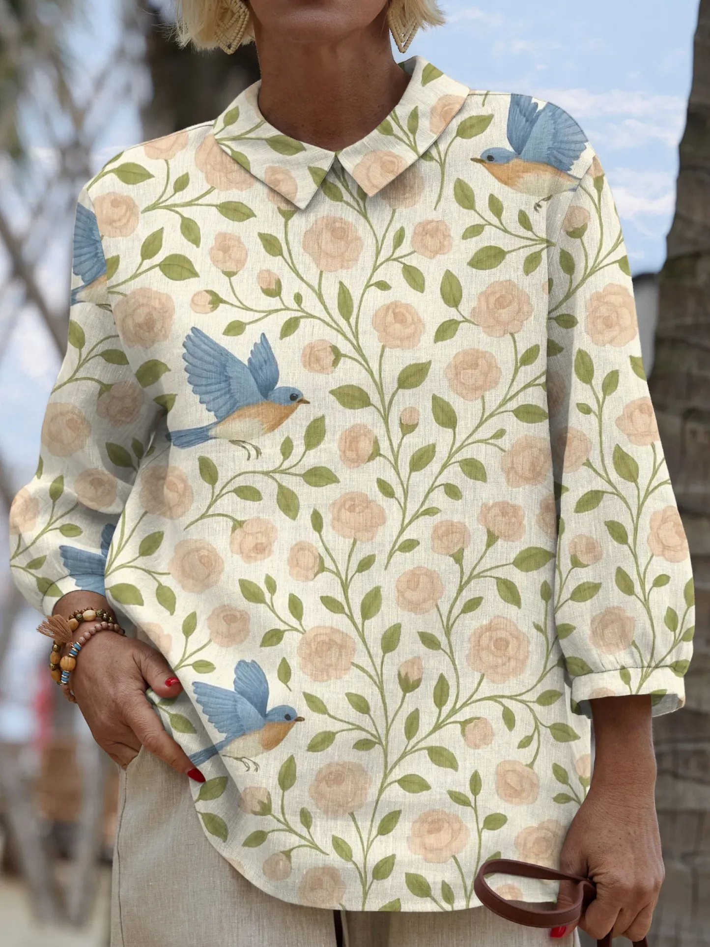 Women's Vintage Flower Art Print Casual Cotton And Linen 3/4 Sleeve Shirt