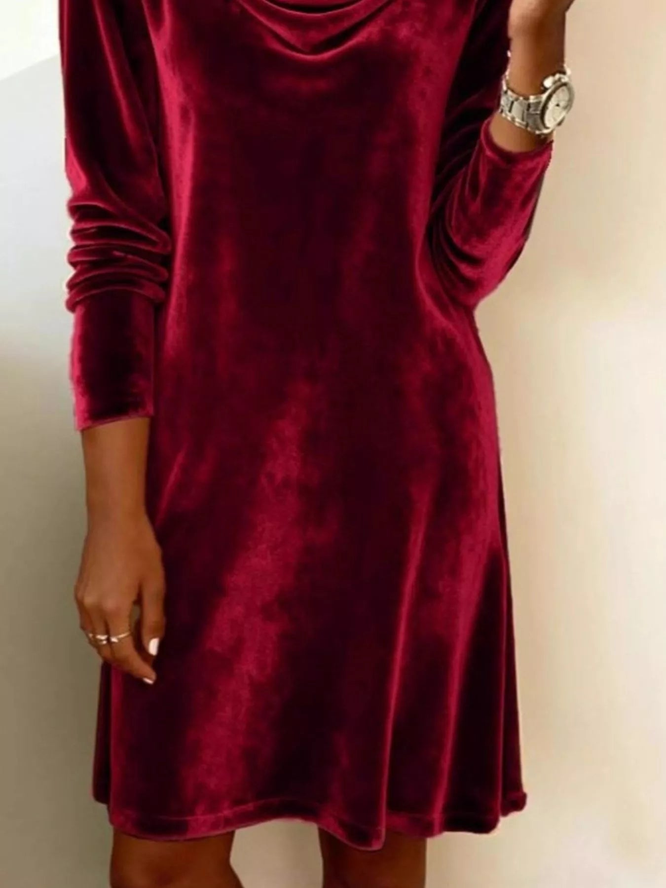  Elegant Velvet Cowl Neck Long Sleeve Mini Dress