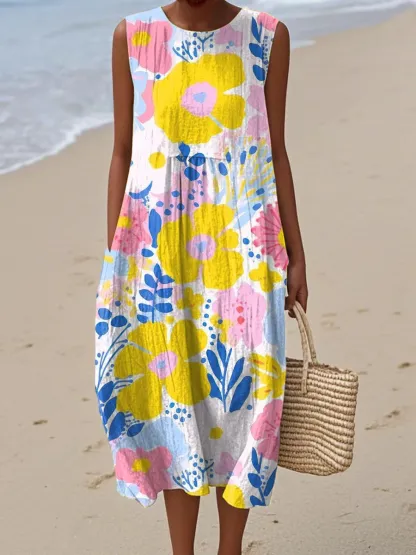 Women's Vintage Abstract Geometric Art Print Sleeveless Cotton Pocket Wrap Dress-Series5