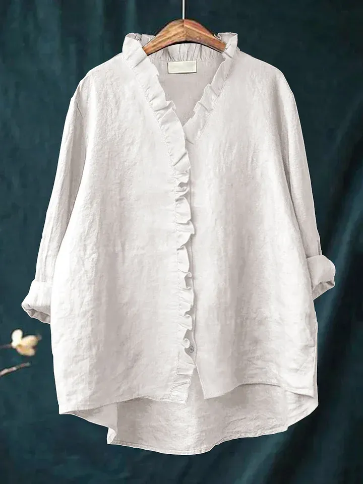 2025 Hot Sall Women's Elegant  Casual Ruffle Cotton-Linen Blouse