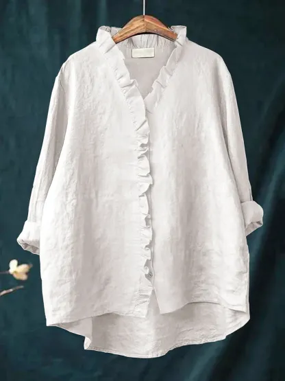 2025 Hot Sall Women's Elegant  Casual Ruffle Cotton-Linen Blouse