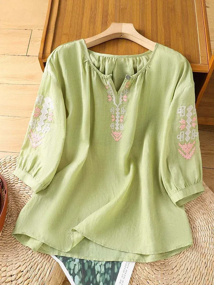 Women's Solid Color V-neck 3/4 sleeves Positioning Embroidery Casual Cotton And Linen Tops
