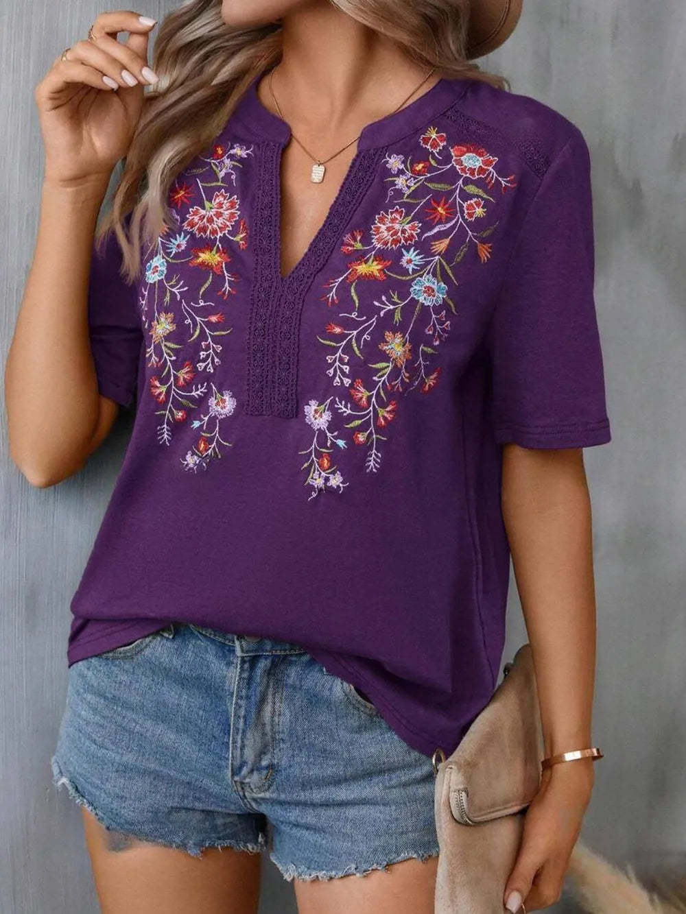 Hazel Blues® |  Embroidered Notched Short Sleeve T-Shirt
