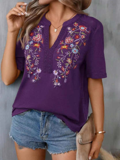 Hazel Blues® |  Embroidered Notched Short Sleeve T-Shirt