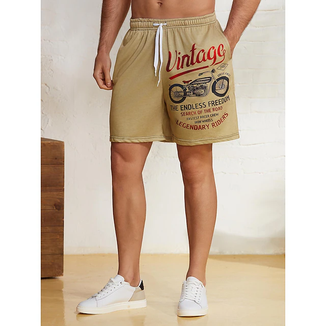 Men's Letter Vintage Motorcycle Sweat Beach Terry Shorts