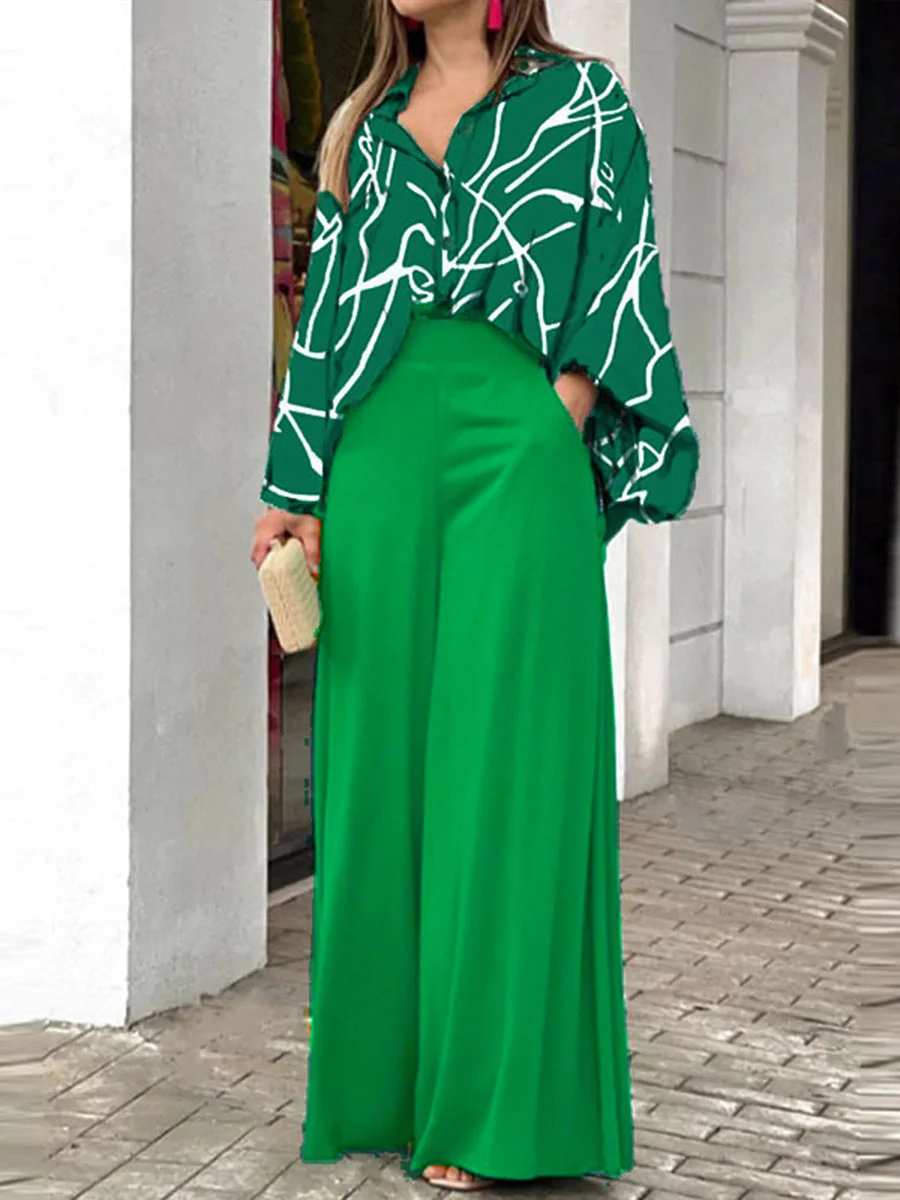 Women's Lapel Long Sleeves Contrast Print Casual Loose Shirt High Wais