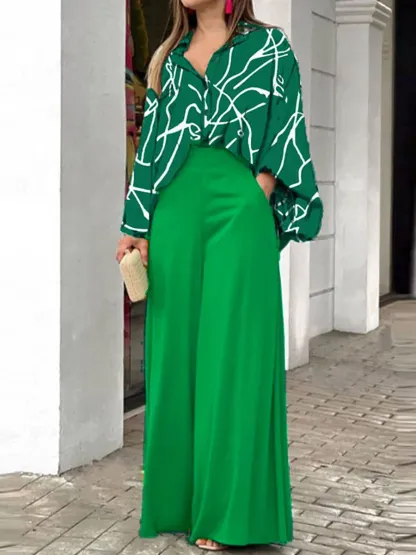 Women's Lapel Long Sleeves Contrast Print Casual Loose Shirt High Waist Solid Color Casual Wide Leg Pants Set