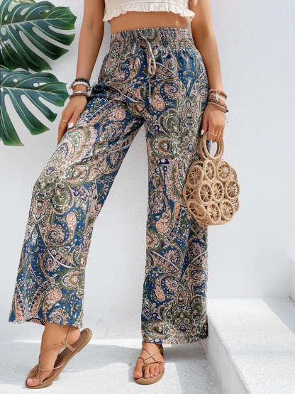 Vintage Print Wide-Leg Pants for Women - Casual Spring/Summer Style