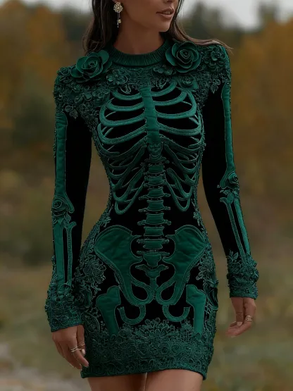 Women's Vintage Halloween Skeleton Bones With Rose Art Cozy Knit Mini Sweater Dress