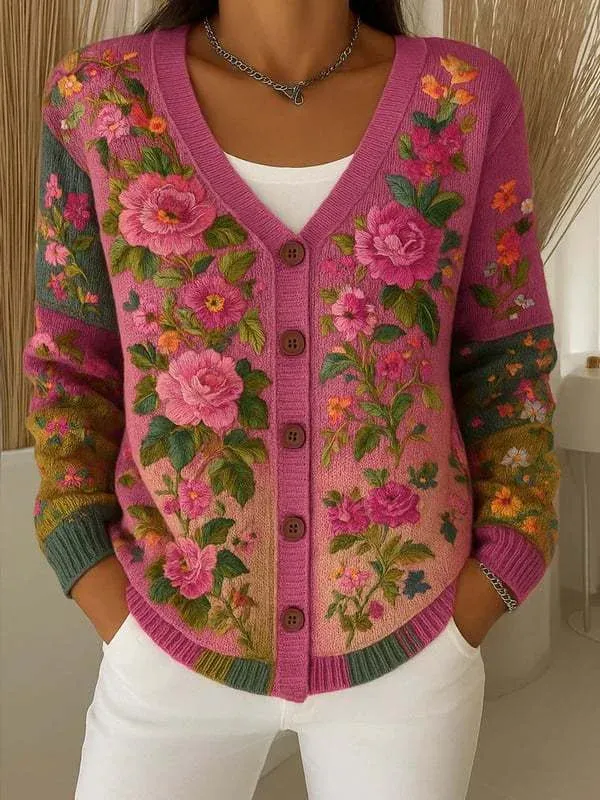 Elegant Women’s Cotton V-Neck Cardigan with 3D Floral Pattern