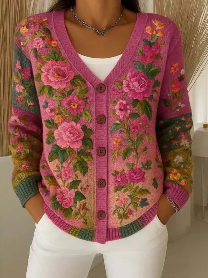 Elegant Women’s Cotton V-Neck Cardigan with 3D Floral Pattern