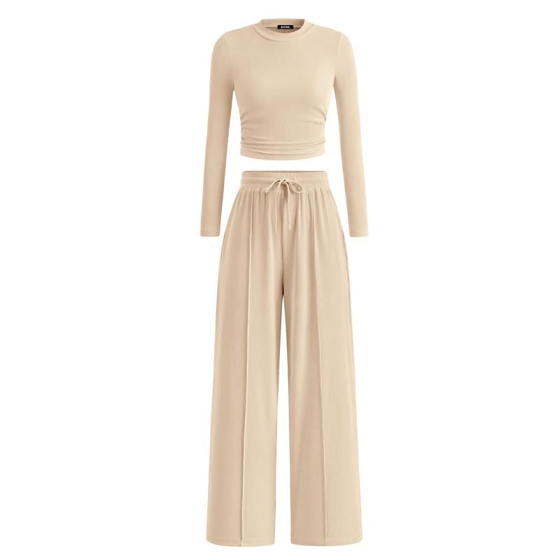 Woman's 2-Piece Ribbed Knit Long Sleeve Crop Top Wide Leg Pants Matching Lounge Set Loungewear[Buy 2 Free Shipping]