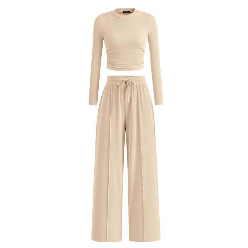 Woman's 2-Piece Ribbed Knit Long Sleeve Crop Top Wide Leg Pants Matching Lounge Set Loungewear[Buy 2 Free Shipping]